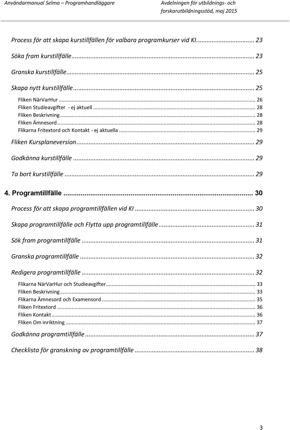 .. 29 Ta bort kurstillfälle... 29 4. Programtillfälle... 30 Process för att skapa programtillfällen vid KI... 30 Skapa programtillfälle och Flytta upp programtillfälle... 31 Sök fram programtillfälle.