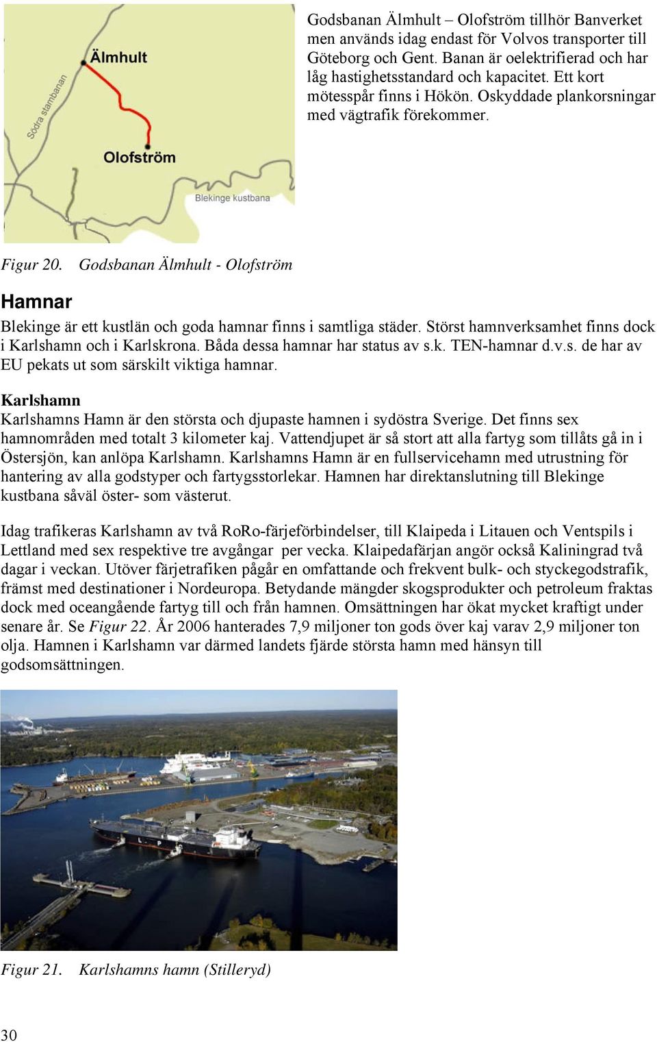 Störst hamnverksamhet finns dock i Karlshamn och i Karlskrona. Båda dessa hamnar har status av s.k. TEN-hamnar d.v.s. de har av EU pekats ut som särskilt viktiga hamnar.