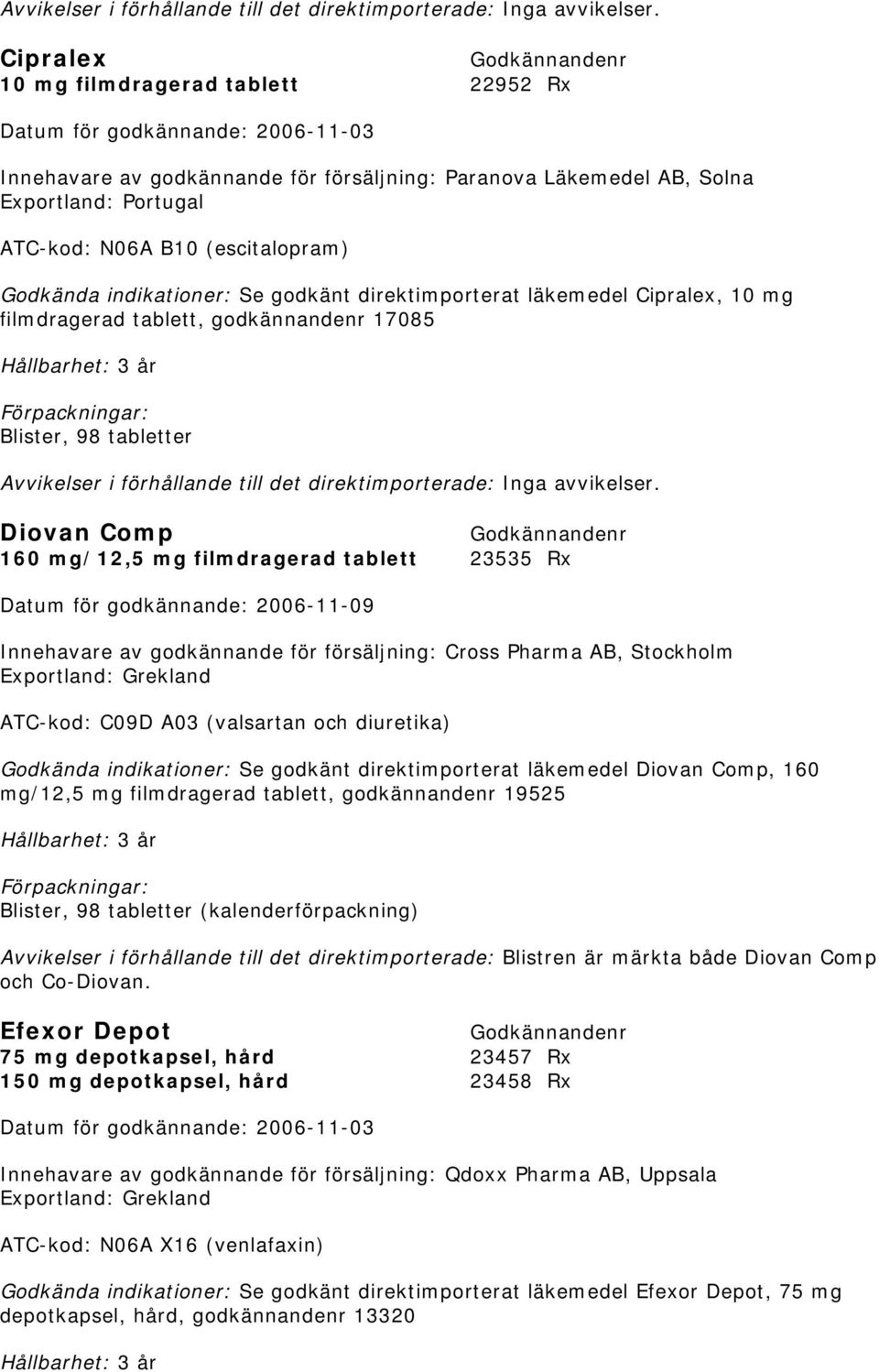 godkännandenr 17085  Diovan Comp 160 mg/12,5 mg filmdragerad tablett 23535 Rx Datum för godkännande: 2006-11-09 Innehavare av godkännande för försäljning: Cross Pharma AB, Stockholm Exportland: