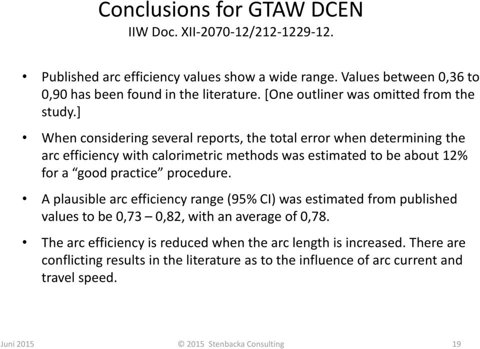 ] When considering several reports, the total error when determining the arc efficiency with calorimetric methods was estimated to be about 12% for a good practice procedure.