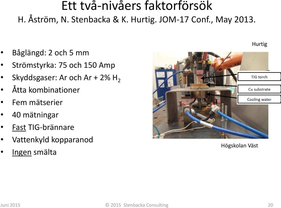 Båglängd: 2 och 5 mm Strömstyrka: 75 och 150 Amp Skyddsgaser: Ar och Ar + 2% H 2