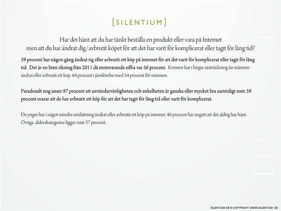 Det är en liten ökning från 2011 då motsvarande siffra var 56 procent. Kvinnor har i högre utsträckning än männen ändrat eller avbrutit ett köp. 64 procent i jämförelse med 54 procent för männen.