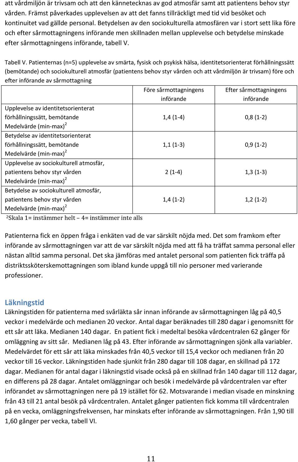 Betydelsen av den sociokulturella atmosfären var i stort sett lika före och efter sårmottagningens införande men skillnaden mellan upplevelse och betydelse minskade efter sårmottagningens införande,