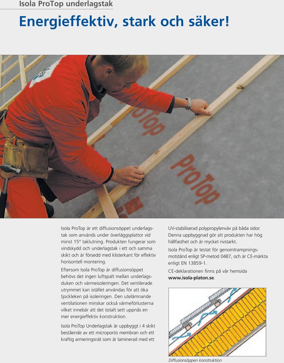 Eftersom Isola ProTop är diffusionsöppet behövs det ingen luftspalt mellan underlagsduken och värmeisoleringen. Det ventilerade utrymmet kan istället användas för att öka tjockleken på isoleringen.