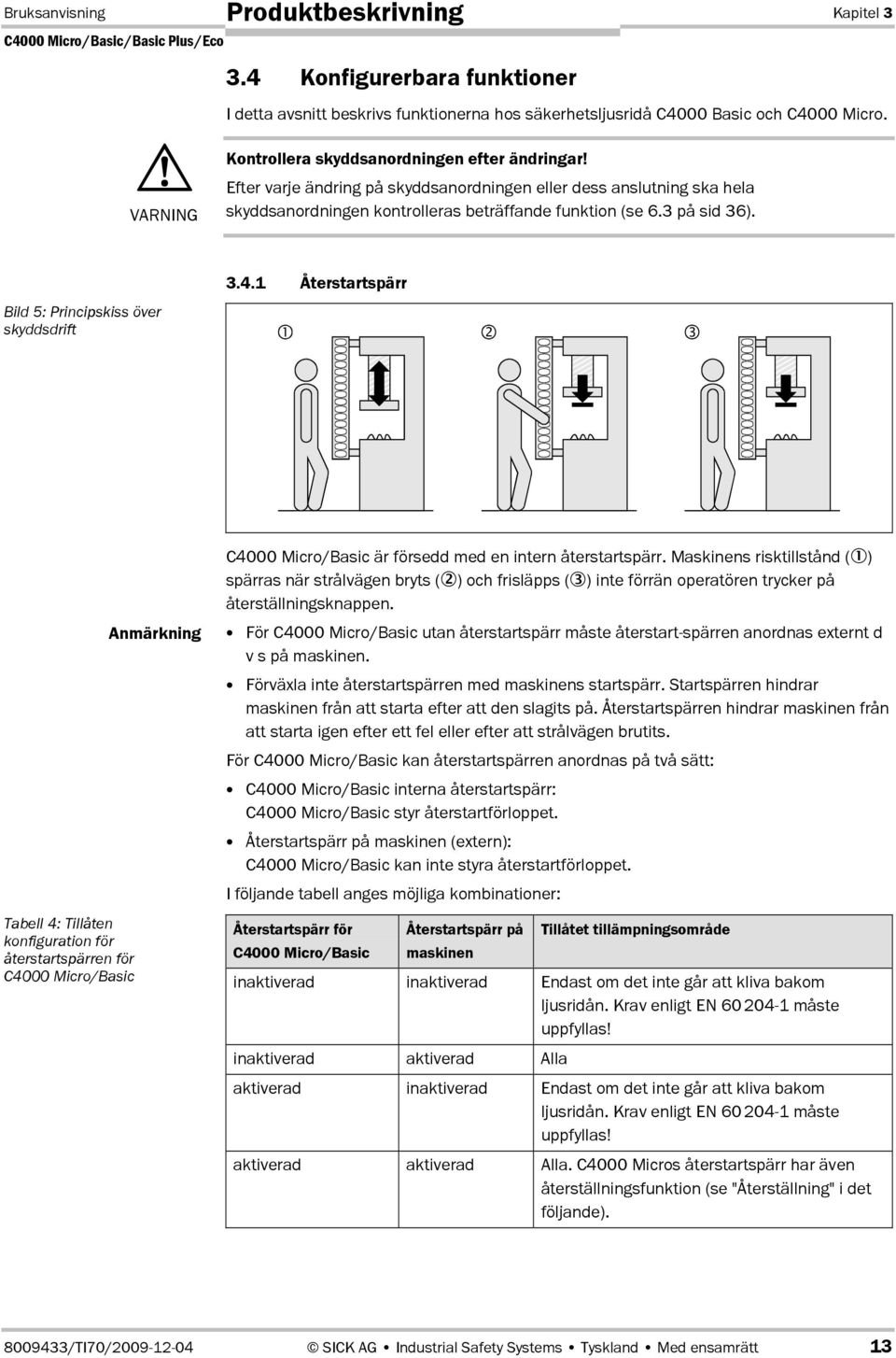 3.4.1 Återstartspärr Bild 5: Principskiss över skyddsdrift Tabell 4: Tillåten konfiguration för återstartspärren för C4000 Micro/Basic Anmärkning C4000 Micro/Basic är försedd med en intern