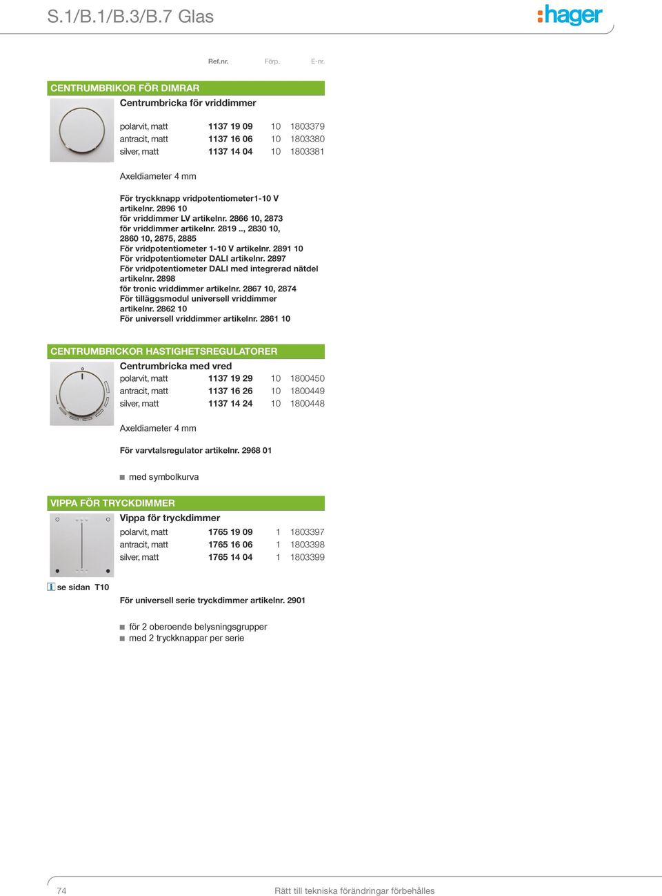 vridpotentiometer1-10 V artikelnr. 2896 10 för vriddimmer LV artikelnr. 2866 10, 2873 för vriddimmer artikelnr. 2819.., 2830 10, 2860 10, 2875, 2885 För vridpotentiometer 1-10 V artikelnr.