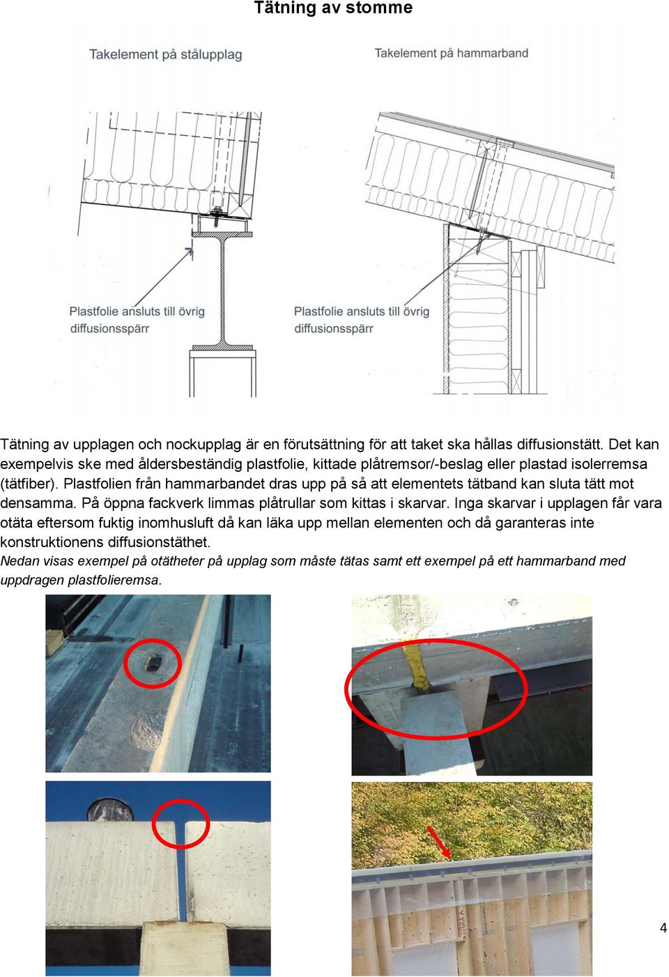 Plastfolien från hammarbandet dras upp på så att elementets tätband kan sluta tätt mot densamma. På öppna fackverk limmas plåtrullar som kittas i skarvar.