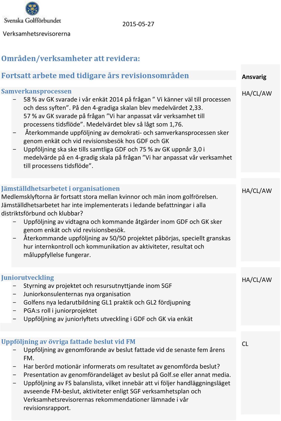 - Återkommande uppföljning av demokrati- och samverkansprocessen sker genom enkät och vid revisionsbesök hos GDF och GK - Uppföljning ska ske tills samtliga GDF och 75 % av GK uppnår 3,0 i medelvärde