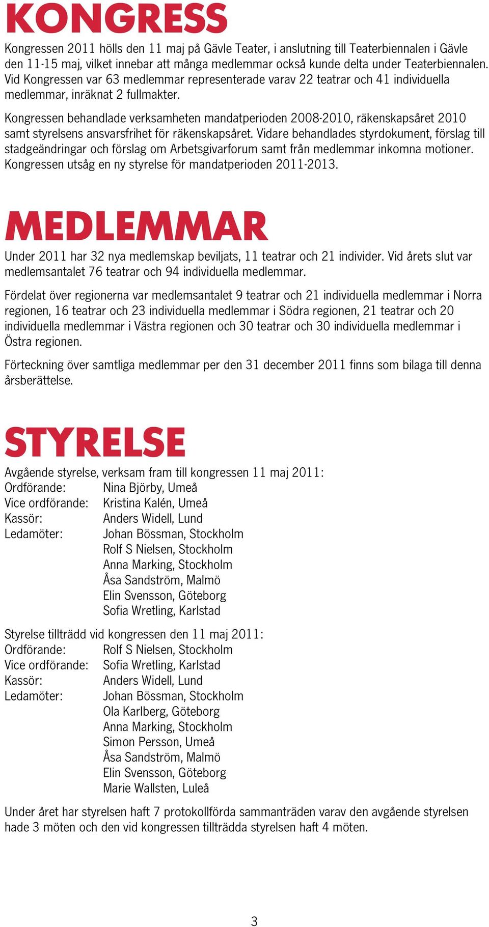 Kongressen behandlade verksamheten mandatperioden 2008-2010, räkenskapsåret 2010 samt styrelsens ansvarsfrihet för räkenskapsåret.