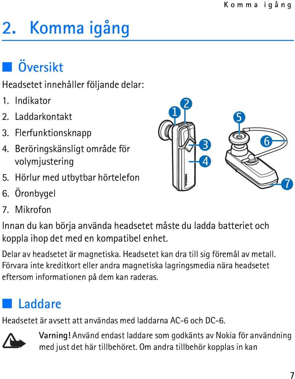 Delar av headsetet är magnetiska. Headsetet kan dra till sig föremål av metall.