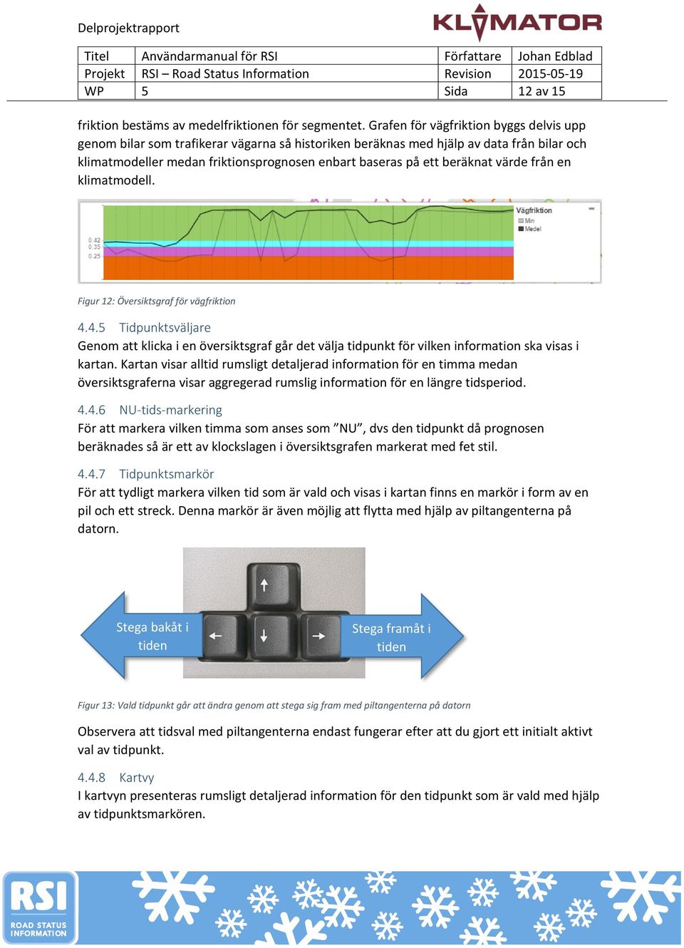 beräknat värde från en klimatmodell. Figur 12: Översiktsgraf för vägfriktion 4.4.5 Tidpunktsväljare Genom att klicka i en översiktsgraf går det välja tidpunkt för vilken information ska visas i kartan.