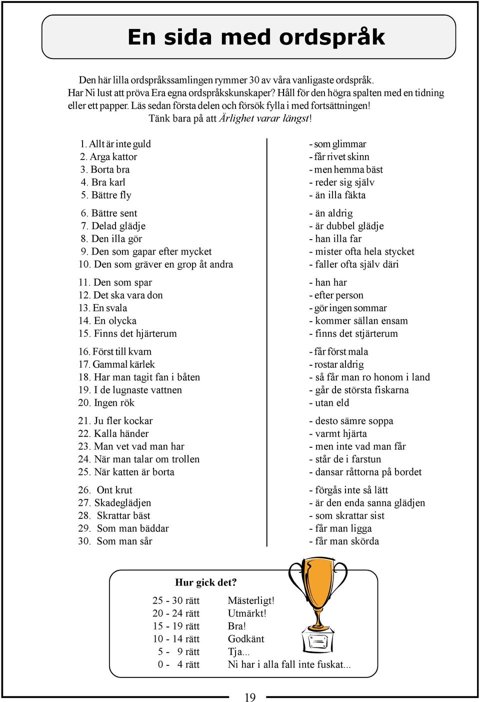 Borta bra 4. Bra karl 5. Bättre fly - som glimmar - får rivet skinn - men hemma bäst - reder sig själv - än illa fäkta 6. Bättre sent 7. elad glädje 8. en illa gör 9. en som gapar efter mycket 10.