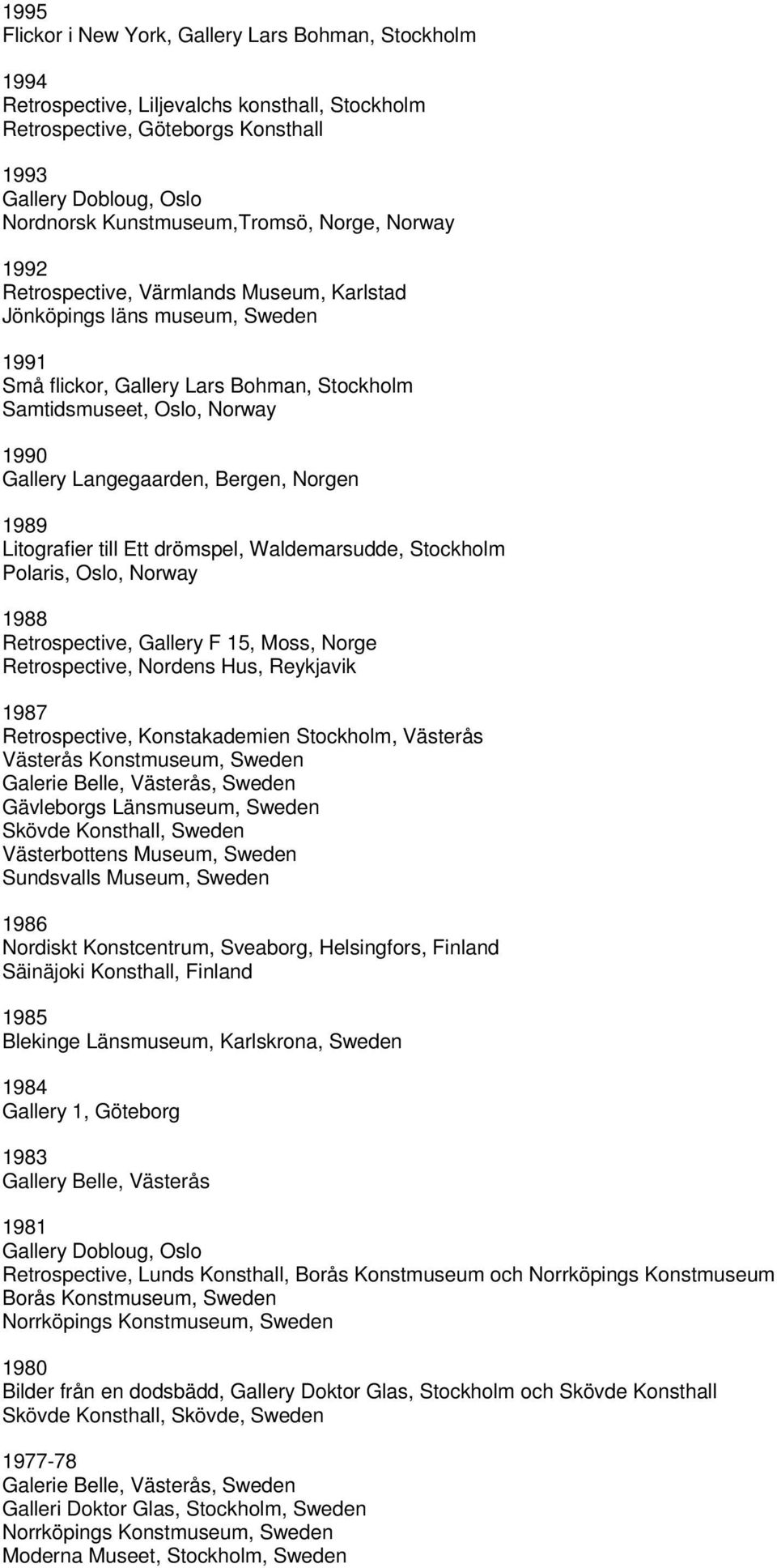 Gallery Langegaarden, Bergen, Norgen 1989 Litografier till Ett drömspel, Waldemarsudde, Stockholm Polaris, Oslo, Norway 1988 Retrospective, Gallery F 15, Moss, Norge Retrospective, Nordens Hus,