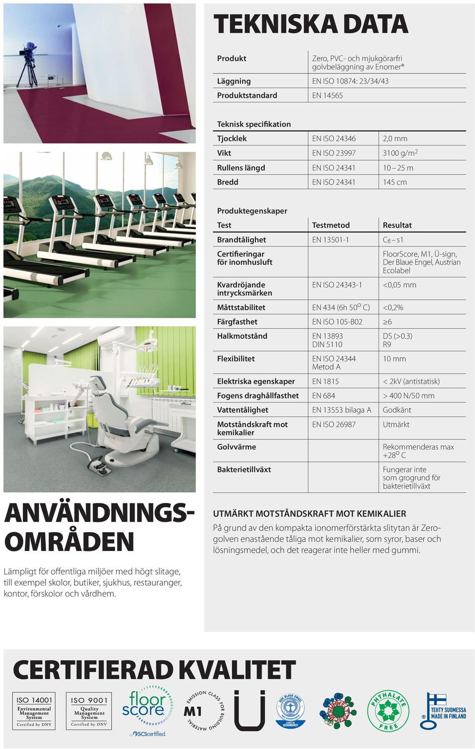 inomhusluft Kvardröjande EN ISO 24343-1 <0,05 mm intrycksmärken Måttstabilitet EN 434 (6h 50 o C) <0,2% Färgfasthet EN ISO 105-B02 6 Halkmotstånd EN 13893 DIN 5110 Flexibilitet EN ISO 24344 Metod A