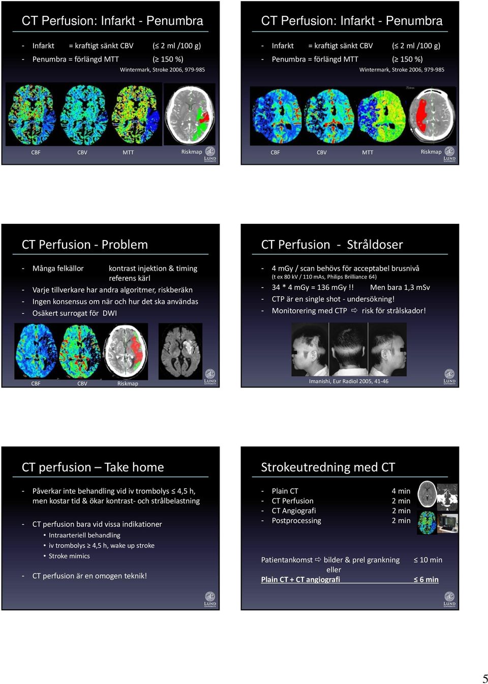 & timing referens kärl - Varje tillverkare har andra algoritmer, riskberäkn - Ingen konsensus om när och hur det ska användas - Osäkert surrogat för DWI CT Perfusion Stråldoser - 4 mgy / scan behövs