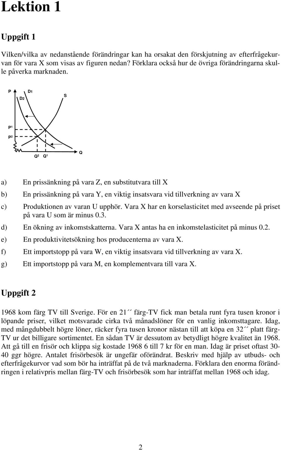 P D2 D1 S P 1 P 2 Q 2 Q 1 Q a) En prissänkning på vara Z, en substitutvara till X b) En prissänkning på vara Y, en viktig insatsvara vid tillverkning av vara X c) Produktionen av varan U upphör.