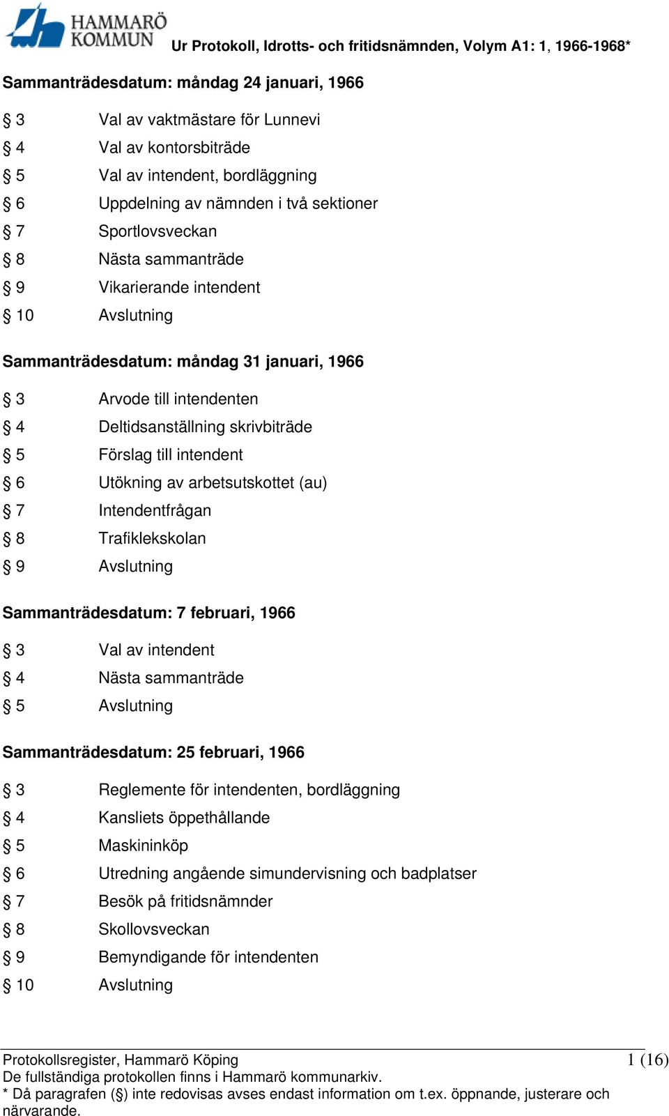 arbetsutskottet (au) 7 Intendentfrågan 8 Trafiklekskolan 9 Avslutning Sammanträdesdatum: 7 februari, 1966 3 Val av intendent 4 Nästa sammanträde 5 Avslutning Sammanträdesdatum: 25 februari, 1966 3