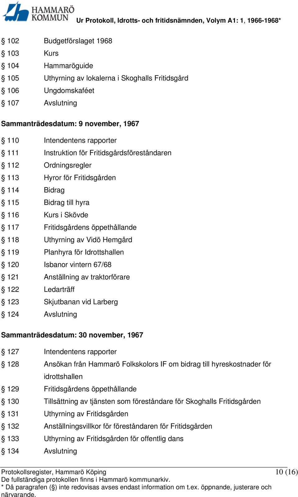 Hemgård 119 Planhyra för Idrottshallen 120 Isbanor vintern 67/68 121 Anställning av traktorförare 122 Ledarträff 123 Skjutbanan vid Larberg 124 Avslutning Sammanträdesdatum: 30 november, 1967 127