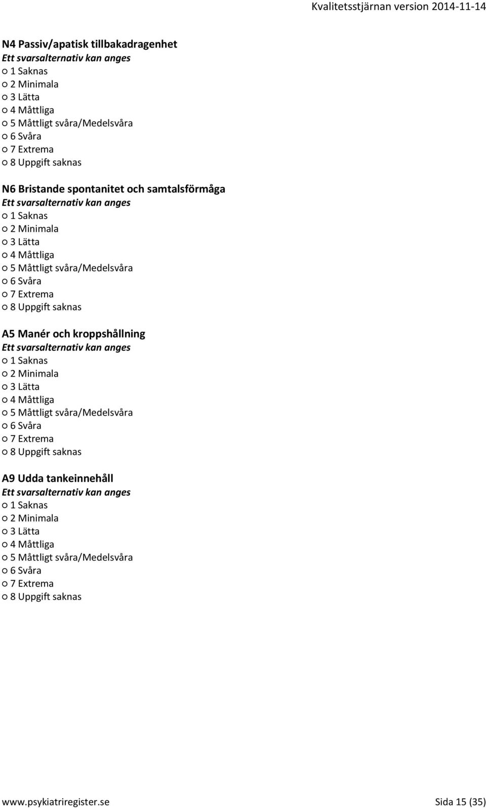 A5 Manér och kroppshållning 1 Saknas 2 Minimala 3 Lätta 4 Måttliga 5 Måttligt svåra/medelsvåra 6 Svåra 7 Extrema 8 Uppgift saknas A9 Udda