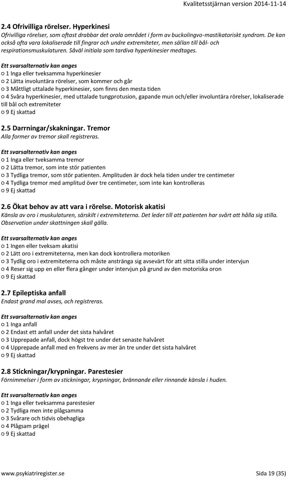 1 Inga eller tveksamma hyperkinesier 2 Lätta involuntära rörelser, som kommer och går 3 Måttligt uttalade hyperkinesier, som finns den mesta tiden 4 Svåra hyperkinesier, med uttalade tungprotusion,