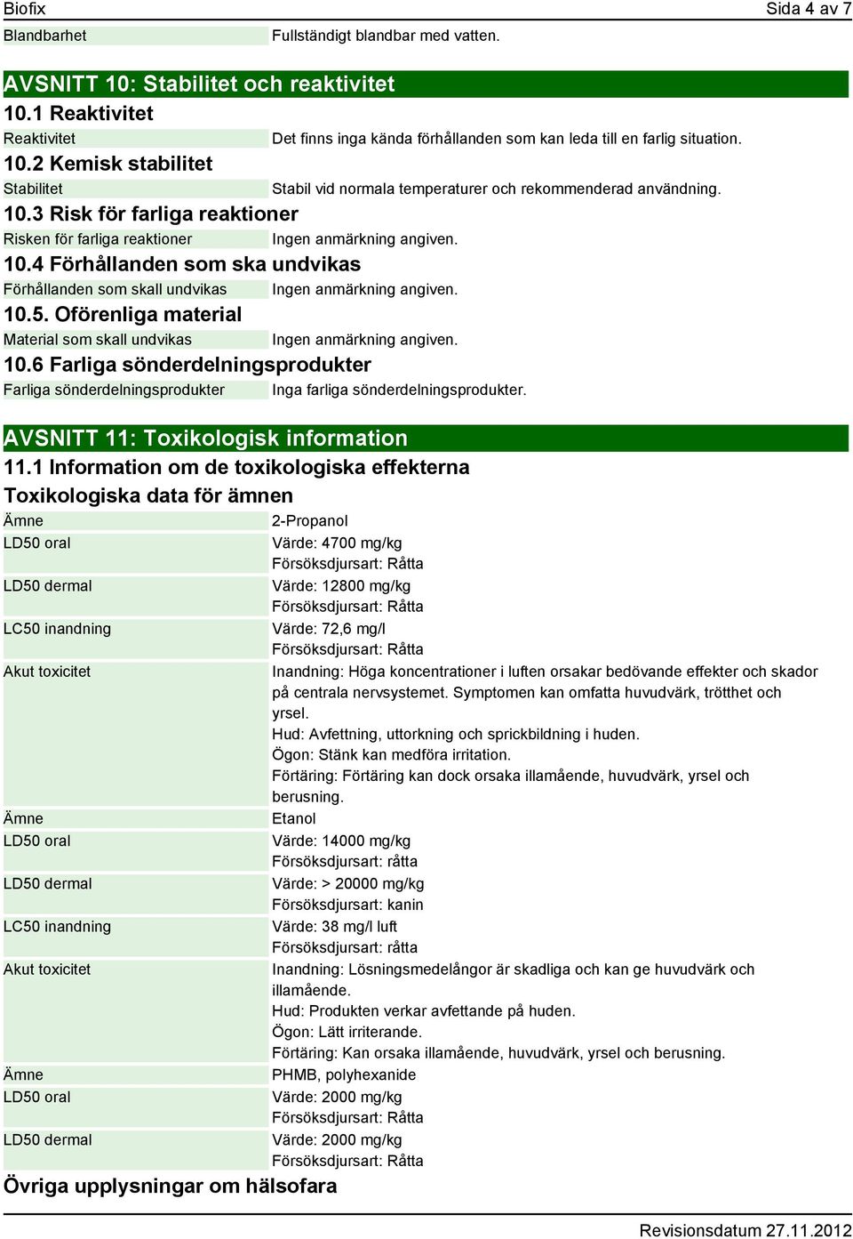 6 Farliga sönderdelningsprodukter Farliga sönderdelningsprodukter Inga farliga sönderdelningsprodukter. AVSNITT 11: Toxikologisk information 11.