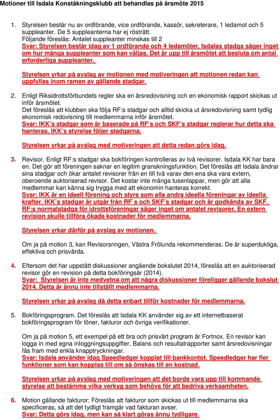 Följande föreslås: Antalet suppleanter minskas till 2 Svar: Styrelsen består idag av 1 ordförande och 4 ledamöter, Isdalas stadga säger inget om hur många suppleanter som kan väljas.