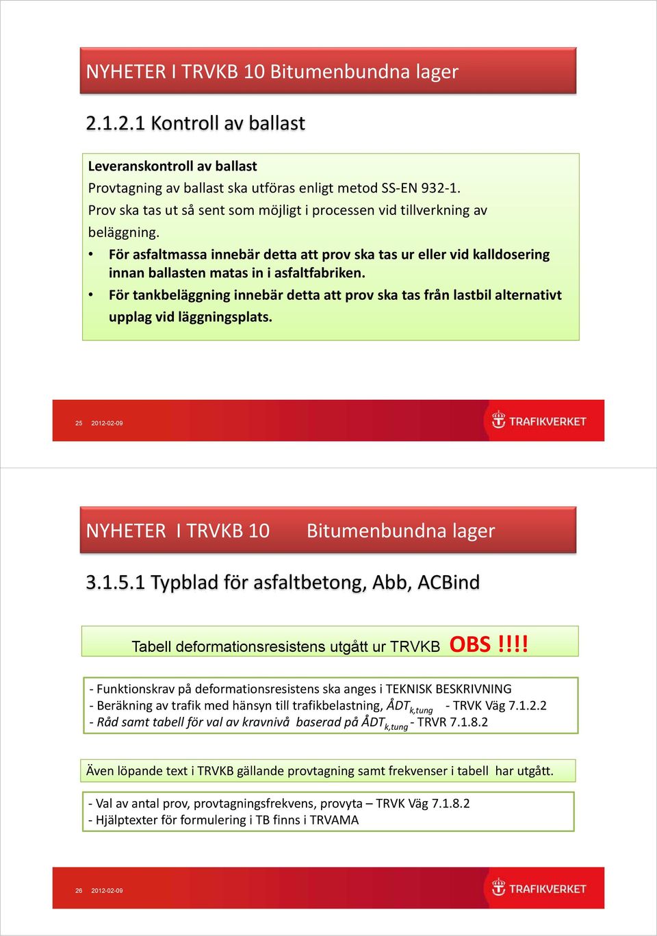 För tankbeläggning innebär detta att prov ska tas från lastbil alternativt upplag vid läggningsplats. 25 2012-02-09 NYHETER I TRVKB 10 Bitumenbundna lager 3.1.5.1 Typblad för asfaltbetong, Abb, ACBind Tabell deformationsresistens utgått ur TRVKB OBS!