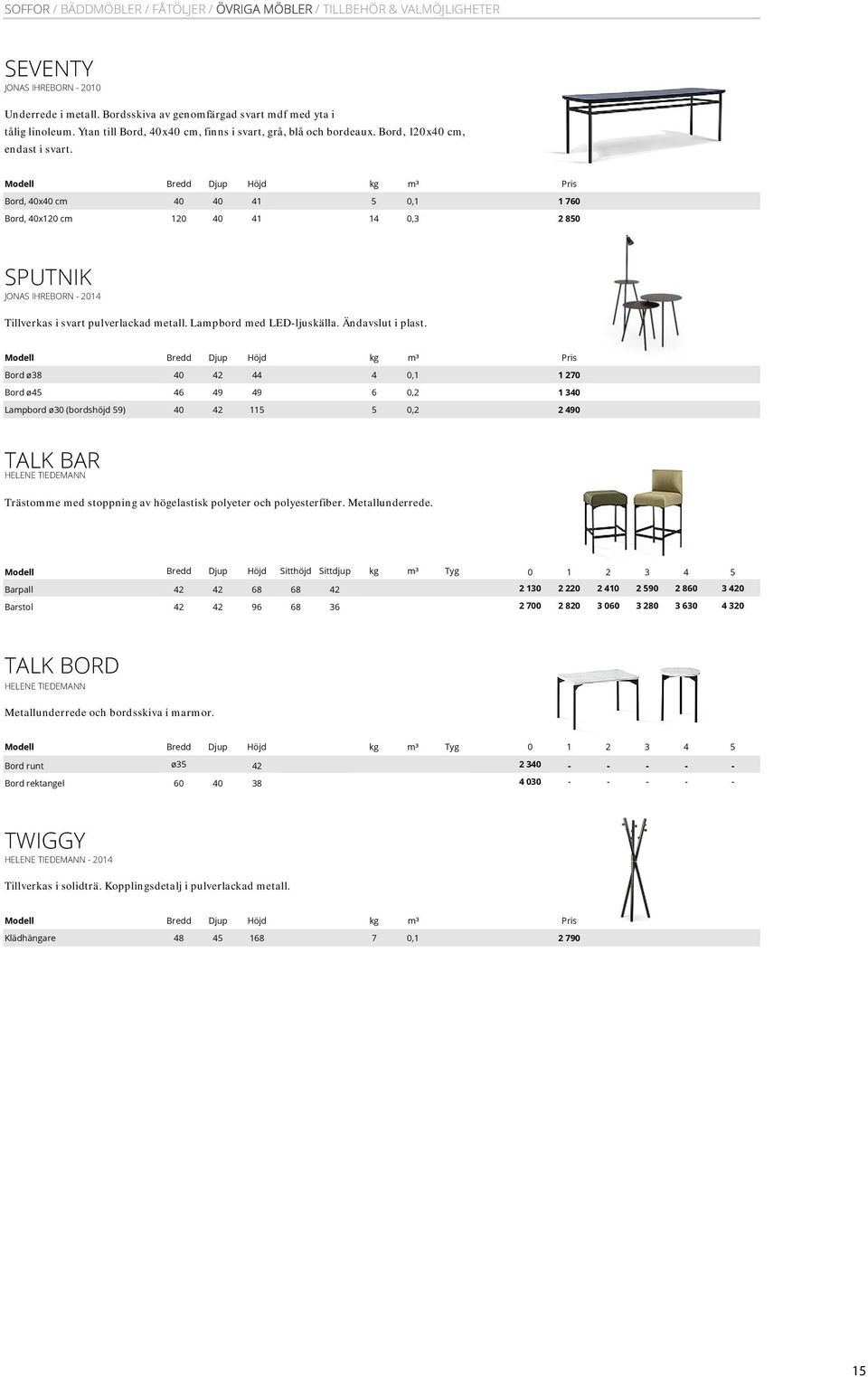Modell Bredd Djup Höjd kg m³ Pris Bord, 40x40 cm 40 40 41 5 0,1 Bord, 40x120 cm 120 40 41 14 0,3 1 760 2 850 SPUTNIK JONAS IHREBORN - 2014 Tillverkas i svart pulverlackad metall.