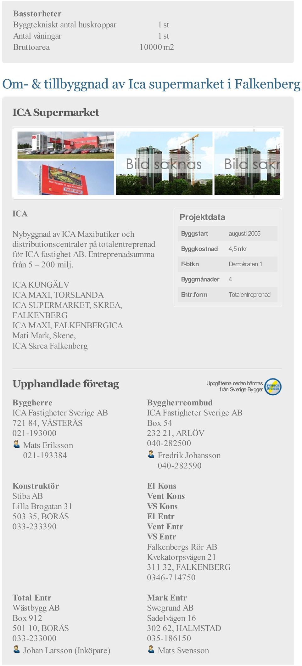 ICA KUNGÄLV ICA MAXI, TORSLANDA ICA SUPERMARKET, SKREA, FALKENBERG ICA MAXI, FALKENBERGICA Mati Mark, Skene, ICA Skrea Falkenberg Byggstart augusti 2005 Byggkostnad 4,5 mkr F-btkn Demokraten 1
