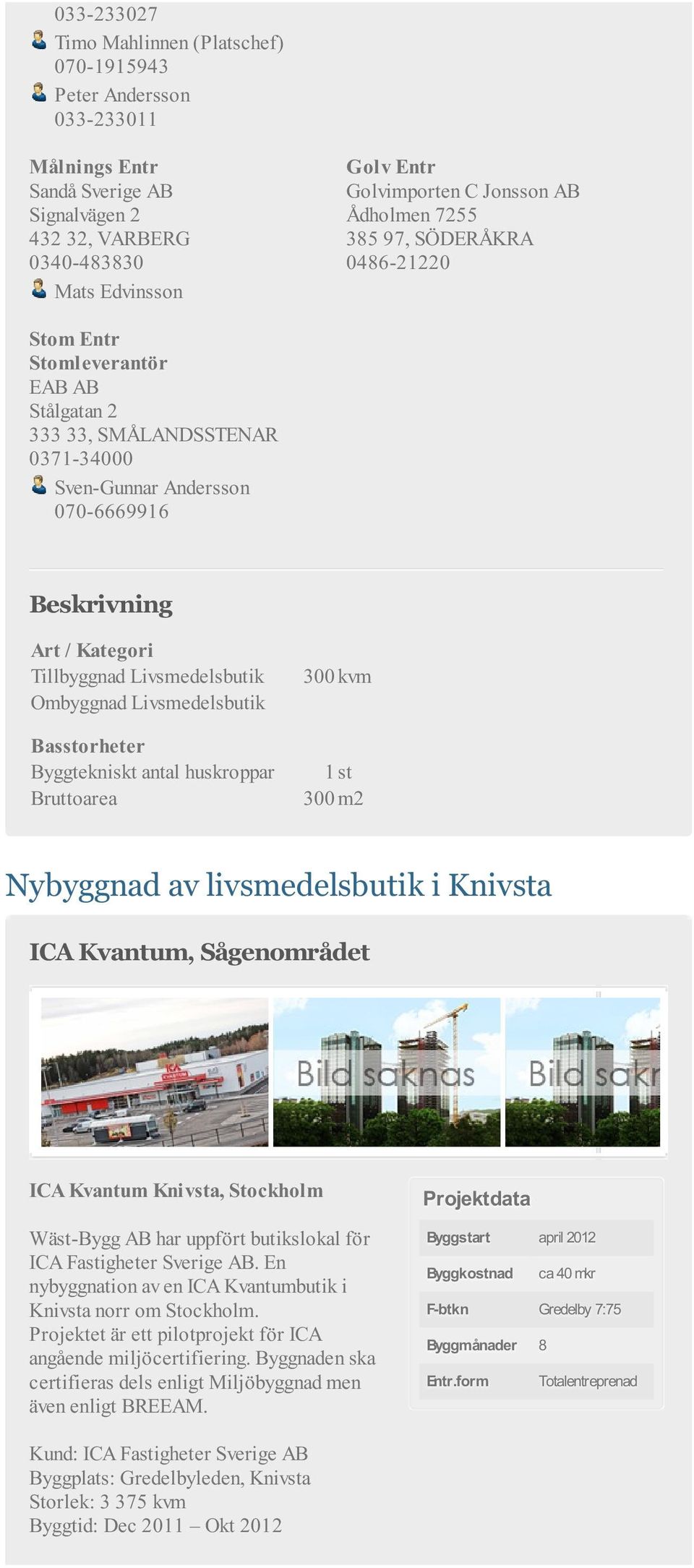 Ombyggnad Livsmedelsbutik Bruttoarea 300 m2 Nybyggnad av livsmedelsbutik i Knivsta ICA Kvantum, Sågenområdet ICA Kvantum Knivsta, Stockholm Wäst-Bygg AB har uppfört butikslokal för ICA Fastigheter
