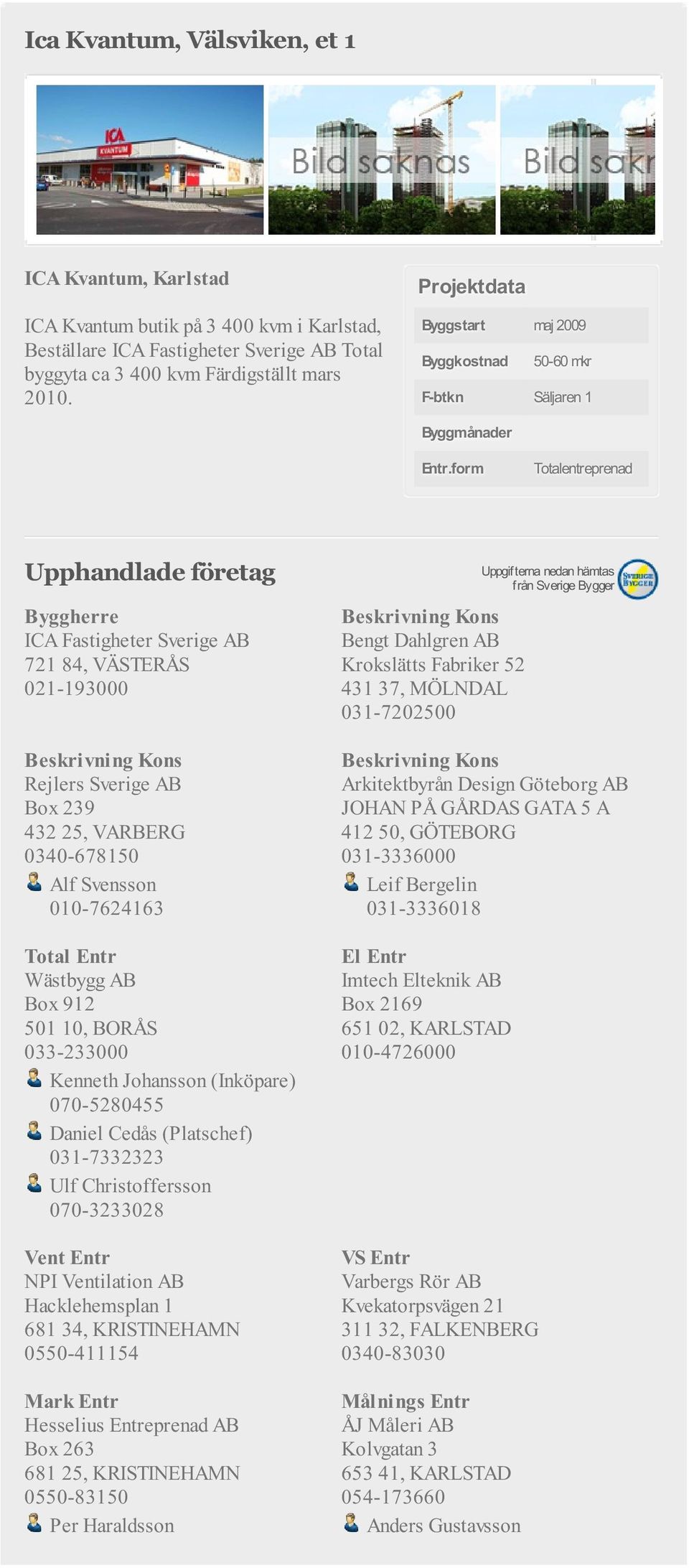 form Totalentreprenad ICA Fastigheter Sverige AB 721 84, VÄSTERÅS 021-193000 Kons Rejlers Sverige AB Box 239 432 25, VARBERG 0340-678150 Alf Svensson 010-7624163 Box 912 501 10, BORÅS Kenneth