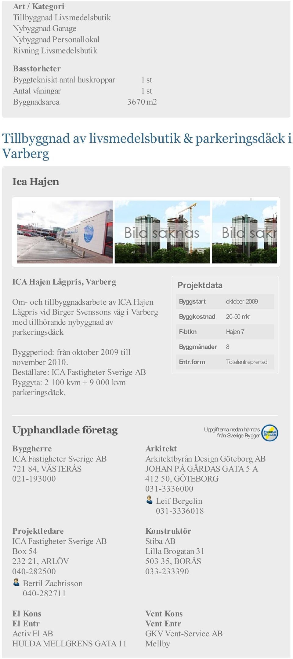 november 2010. Beställare: ICA Fastigheter Sverige AB Byggyta: 2 100 kvm + 9 000 kvm parkeringsdäck. Byggstart oktober 2009 Byggkostnad 20-50 mkr F-btkn Hajen 7 Byggmånader 8 Entr.