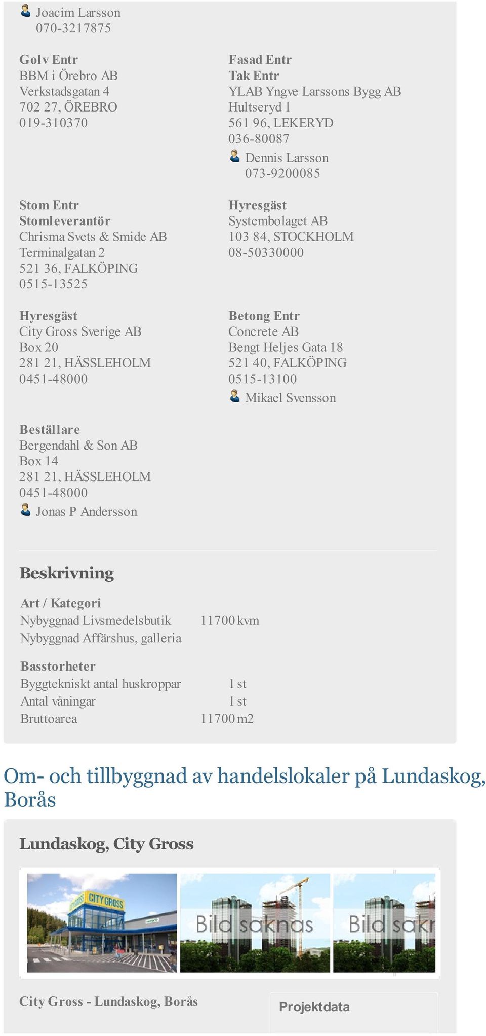 Systembolaget AB 103 84, STOCKHOLM 08-50330000 Betong Entr Concrete AB Bengt Heljes Gata 18 521 40, FALKÖPING 0515-13100 Mikael Svensson Beställare Bergendahl & Son AB Box 14 281 21, HÄSSLEHOLM