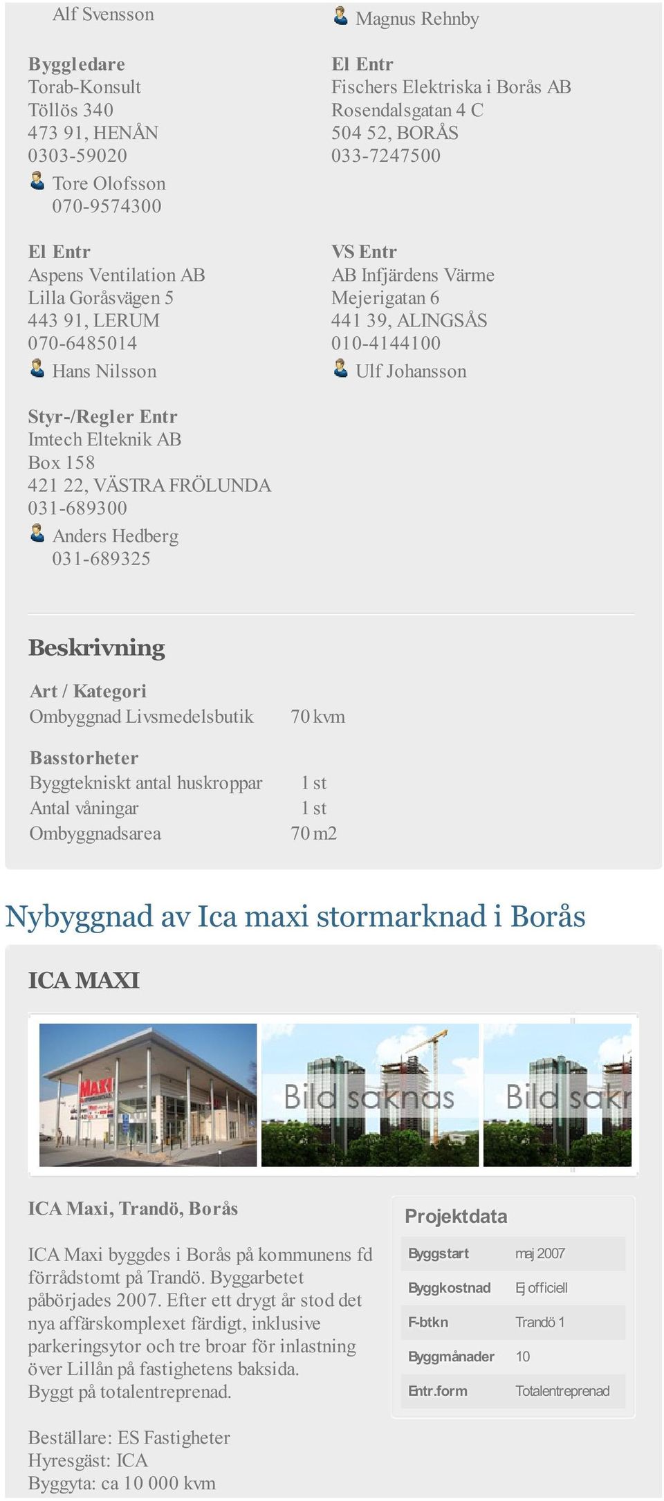 421 22, VÄSTRA FRÖLUNDA 031-689300 Anders Hedberg 031-689325 Ombyggnad Livsmedelsbutik 70 kvm Antal våningar 1 st Ombyggnadsarea 70 m2 Nybyggnad av Ica maxi stormarknad i Borås ICA MAXI ICA Maxi,