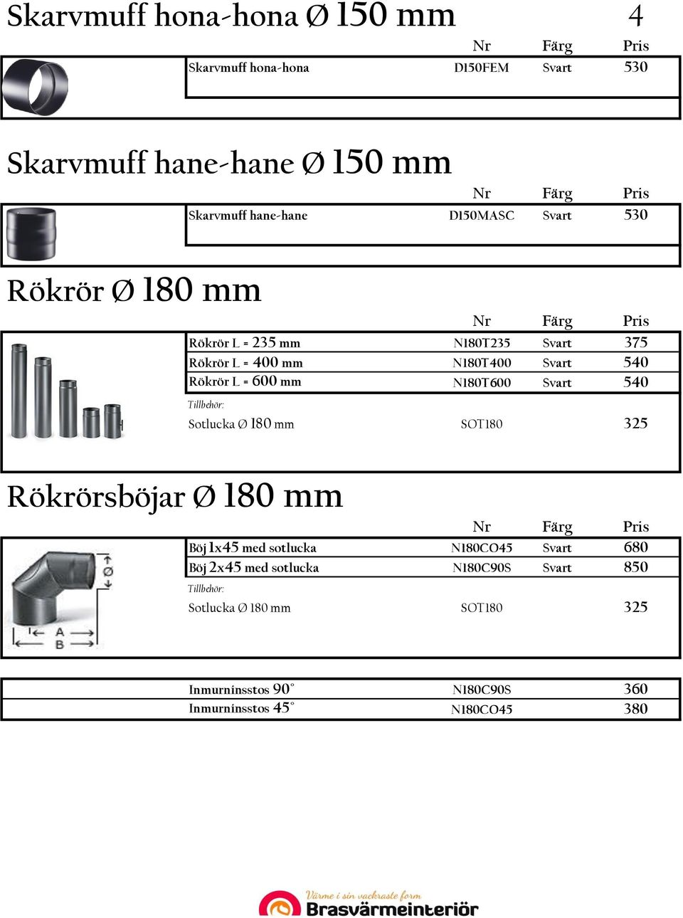 = 600 mm N180T600 Svart 540 Sotlucka Ø 180 mm SOT180 325 Rökrörsböjar Ø 180 mm Nr Färg Böj 1x45 med sotlucka N180CO45 Svart 680