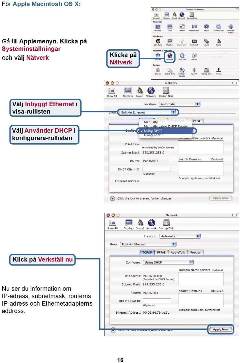 Ethernet i visa-rullisten Välj Använder DHCP i konfigurera-rullisten Klick på