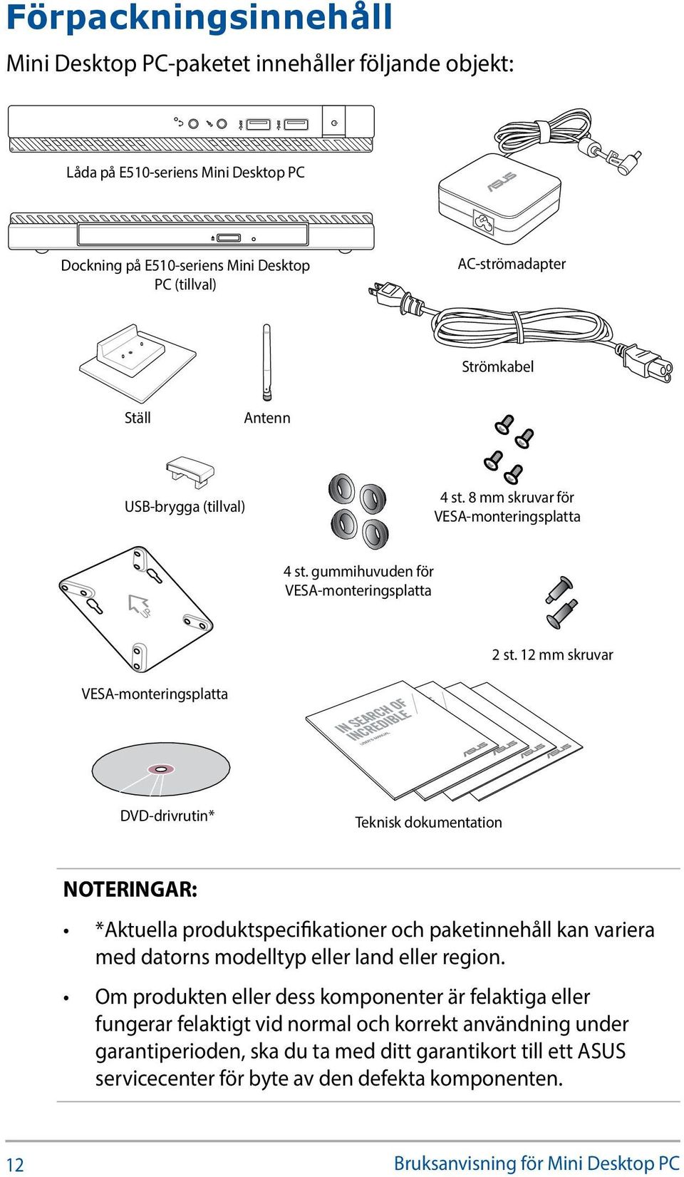 12 mm skruvar VESA-monteringsplatta DVD-drivrutin* Teknisk dokumentation NOTERINGAR: *Aktuella produktspecifikationer och paketinnehåll kan variera med datorns modelltyp eller land eller region.