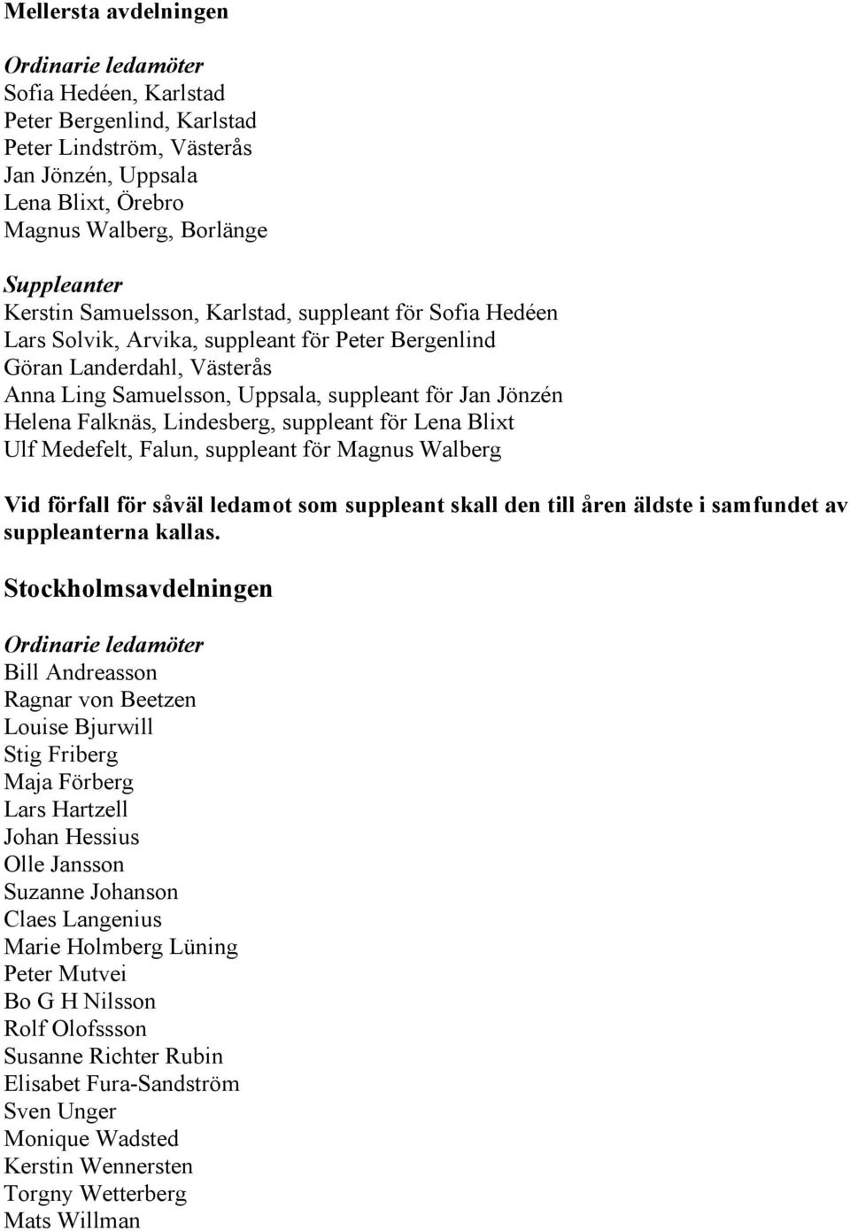 för Lena Blixt Ulf Medefelt, Falun, suppleant för Magnus Walberg Vid förfall för såväl ledamot som suppleant skall den till åren äldste i samfundet av suppleanterna kallas.