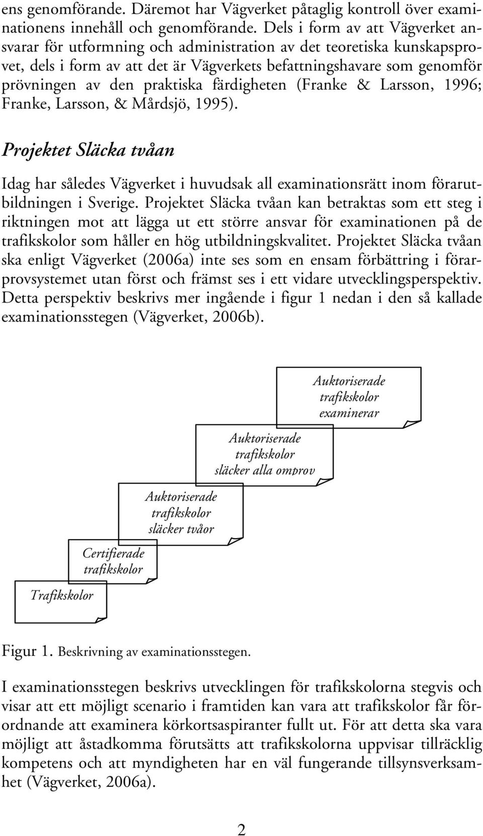praktiska färdigheten (Franke & Larsson, 1996; Franke, Larsson, & Mårdsjö, 1995). Projektet Släcka tvåan Idag har således Vägverket i huvudsak all examinationsrätt inom förarutbildningen i Sverige.