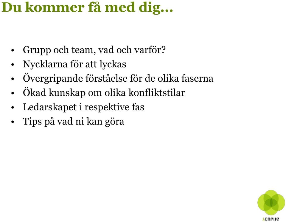 de olika faserna Ökad kunskap om olika konfliktstilar