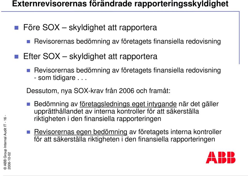 .. Dessutom, nya SOX-krav från 2006 och framåt: ABB Group Internal Audit IT - 16 - Bedömning av företagslednings eget intygande när det gäller