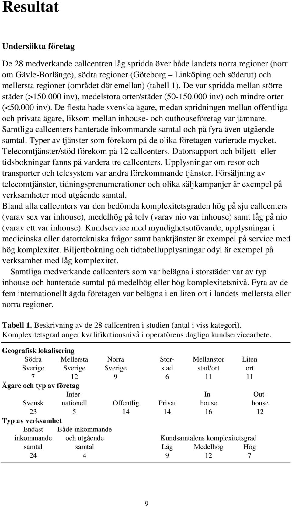 medelstora orter/städer (50-150.000 inv) och mindre orter (<50.000 inv). De flesta hade svenska ägare, medan spridningen mellan offentliga och privata ägare, liksom mellan inhouse- och outhouseföretag var jämnare.