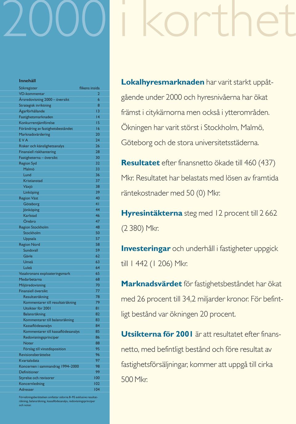 Linköping 39 Region Väst 40 Göteborg 41 Jönköping 44 Karlstad 46 Örebro 47 Region Stockholm 48 Stockholm 50 Uppsala 57 Region Nord 58 Sundsvall 59 Gävle 62 Umeå 63 Luleå 64 Vasakronans