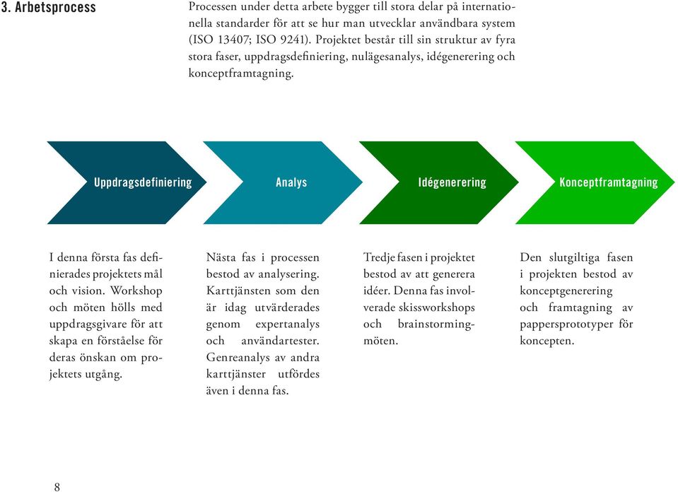 Uppdragsdefiniering Analys Idégenerering Konceptframtagning I denna första fas definierades projektets mål och vision.