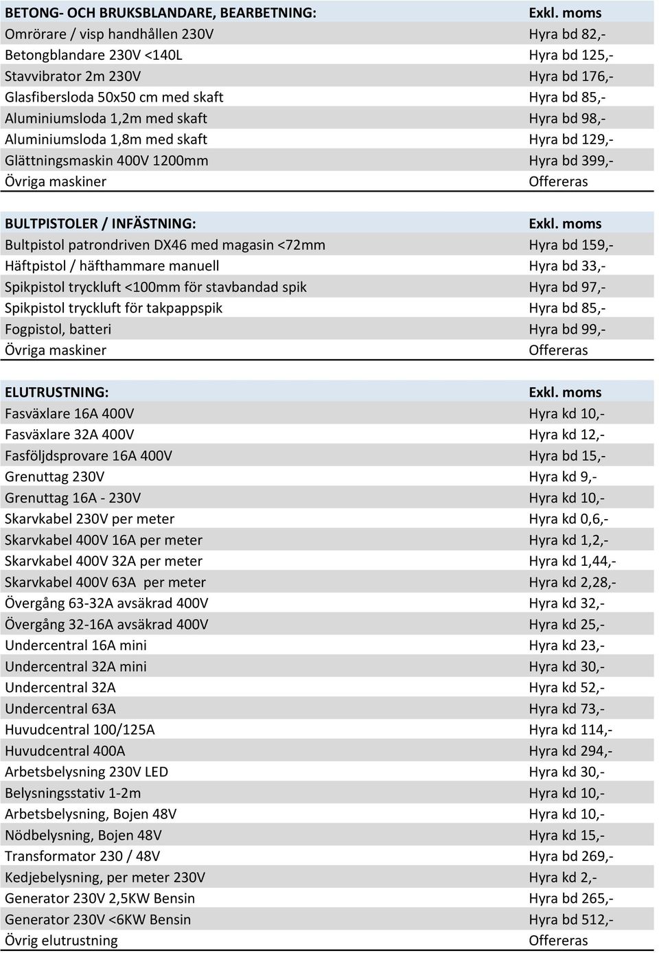 Aktuell PRISLISTA hyrmaskiner BRA Rental i Stockholm AB - PDF ...