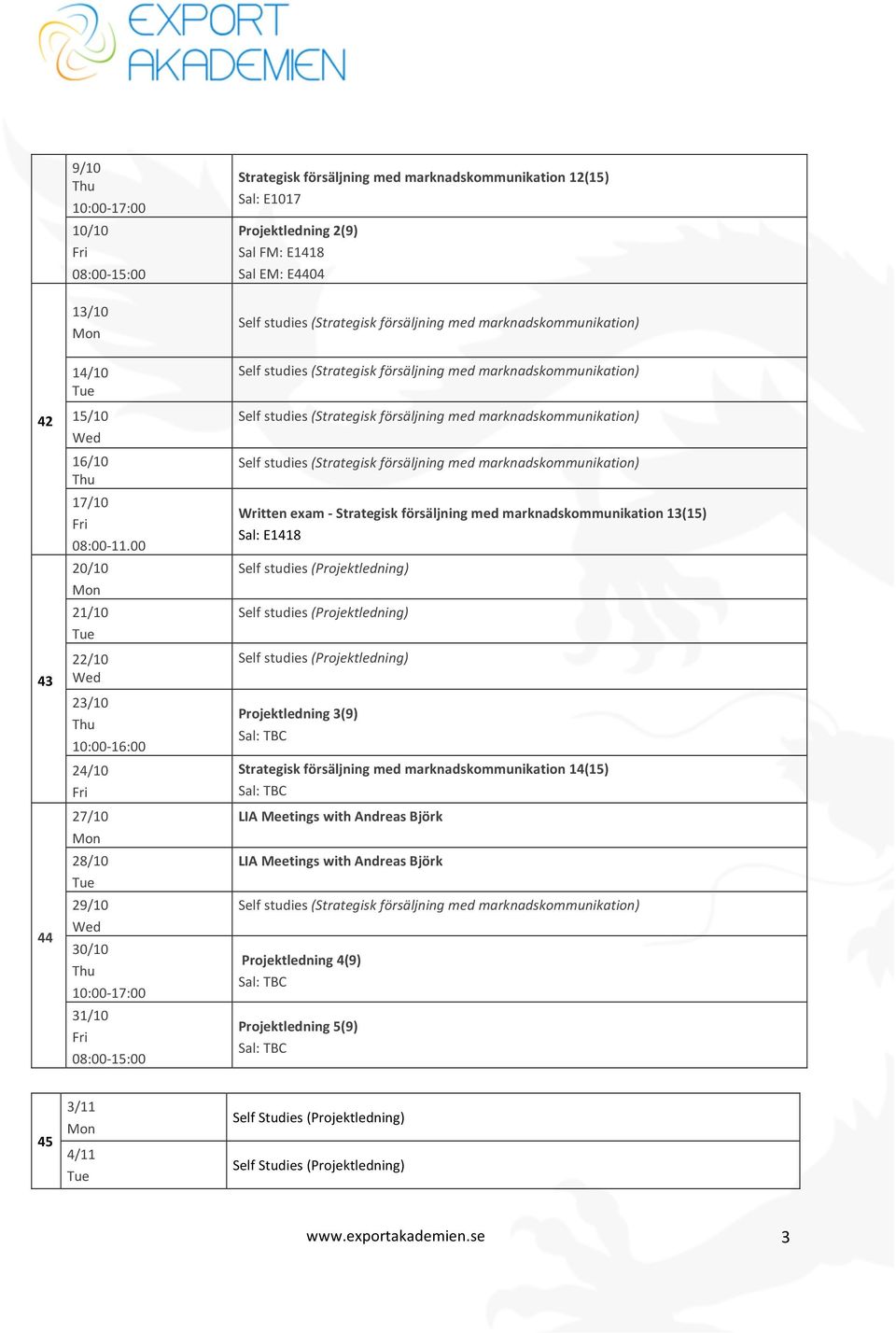 13(15) Sal: E1418 Self studies (Projektledning) Self studies (Projektledning) Self studies (Projektledning) Projektledning 3(9) Strategisk