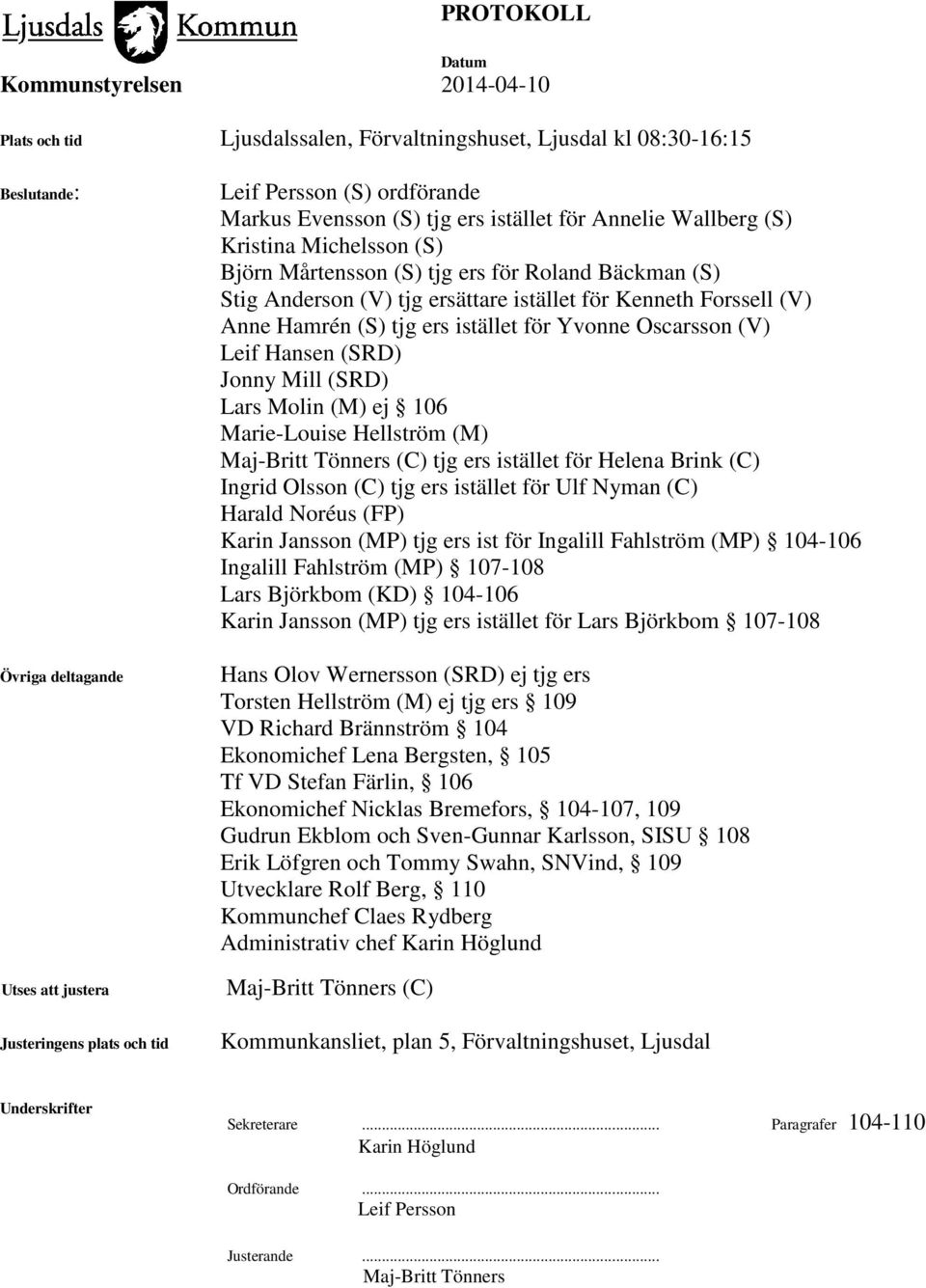 ers istället för Yvonne Oscarsson (V) Leif Hansen (SRD) Jonny Mill (SRD) Lars Molin (M) ej 106 Marie-Louise Hellström (M) Maj-Britt Tönners (C) tjg ers istället för Helena Brink (C) Ingrid Olsson (C)