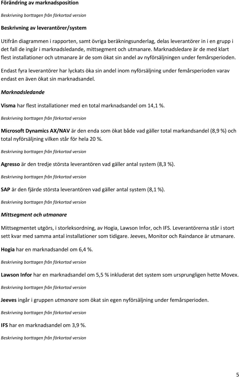 Endast fyra leverantörer har lyckats öka sin andel inom nyförsäljning under femårsperioden varav endast en även ökat sin marknadsandel.