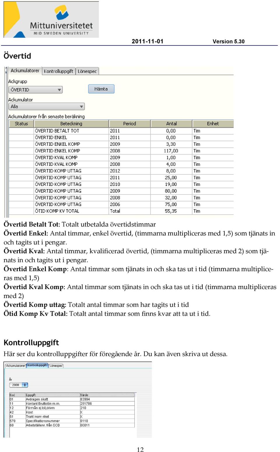 Övertid Enkel Komp: Antal timmar som tjänats in och ska tas ut i tid (timmarna multipliceras med 1,5) Övertid Kval Komp: Antal timmar som tjänats in och ska tas ut i tid (timmarna