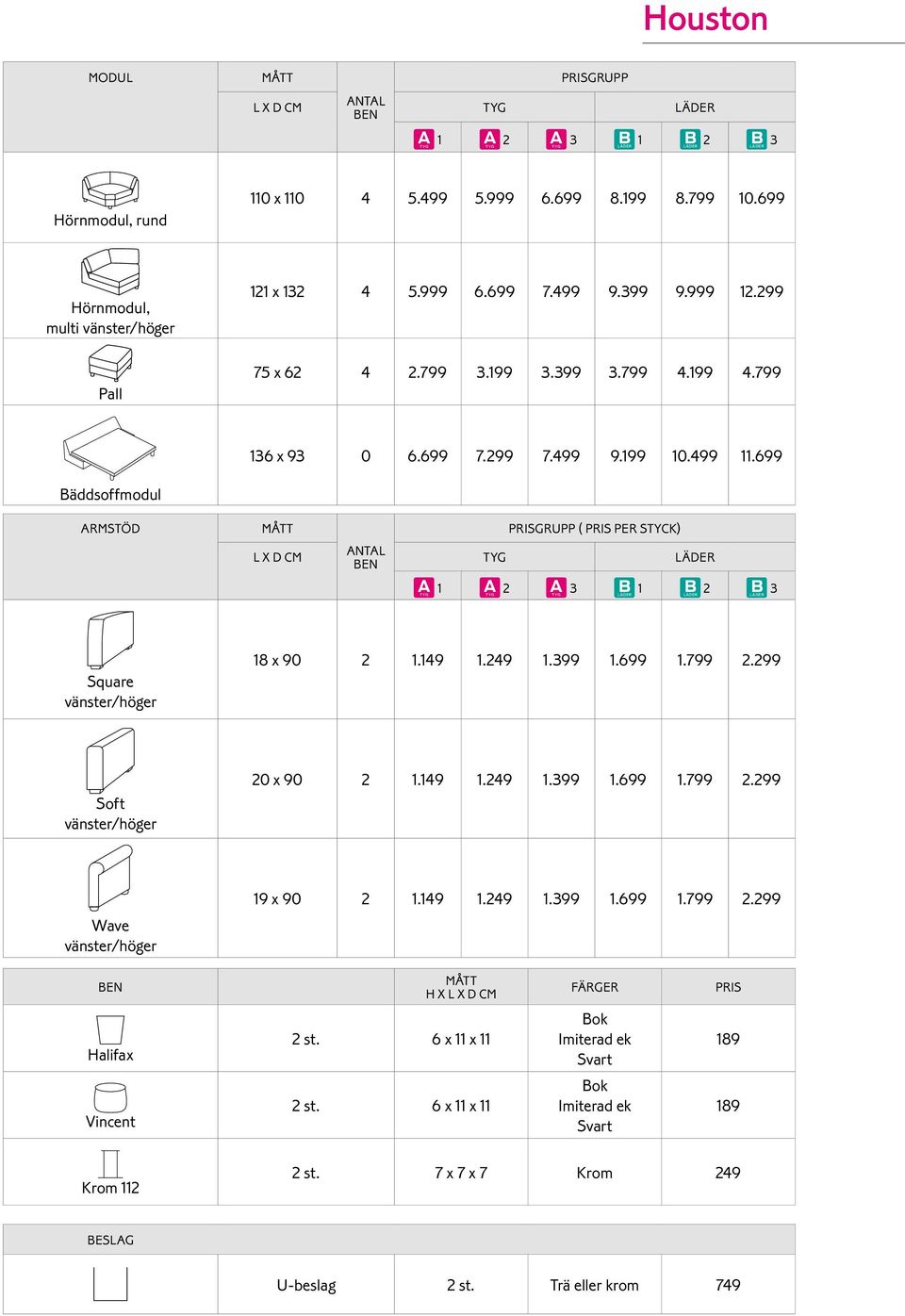 699 Bäddsoffmodul Armstöd MÅtt Prisgrupp ( pris per styck) L x D cm Antal ben tyg läder 1 2 1 BLäDER 2 BLäDER Square vänster/höger 18 x 90 2 1.149 1.249 1.99 1.699 1.799 2.